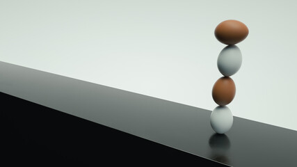 Eggs Standing On Top Of Each Other On The Reflective Metal Surface And White Background