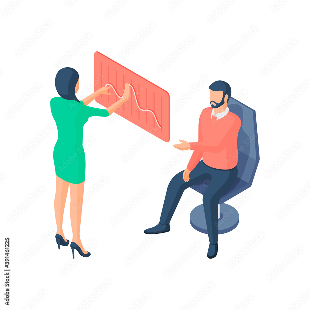 Poster managers prepare statistical report isometric illustration. female character analyzing infographic c