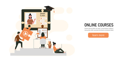 E-learning, online education at home concept.
Distance education, online courses, tutorials, webinar, digital classroom, online teaching metaphors. Flat vector illustration, isolated objects.