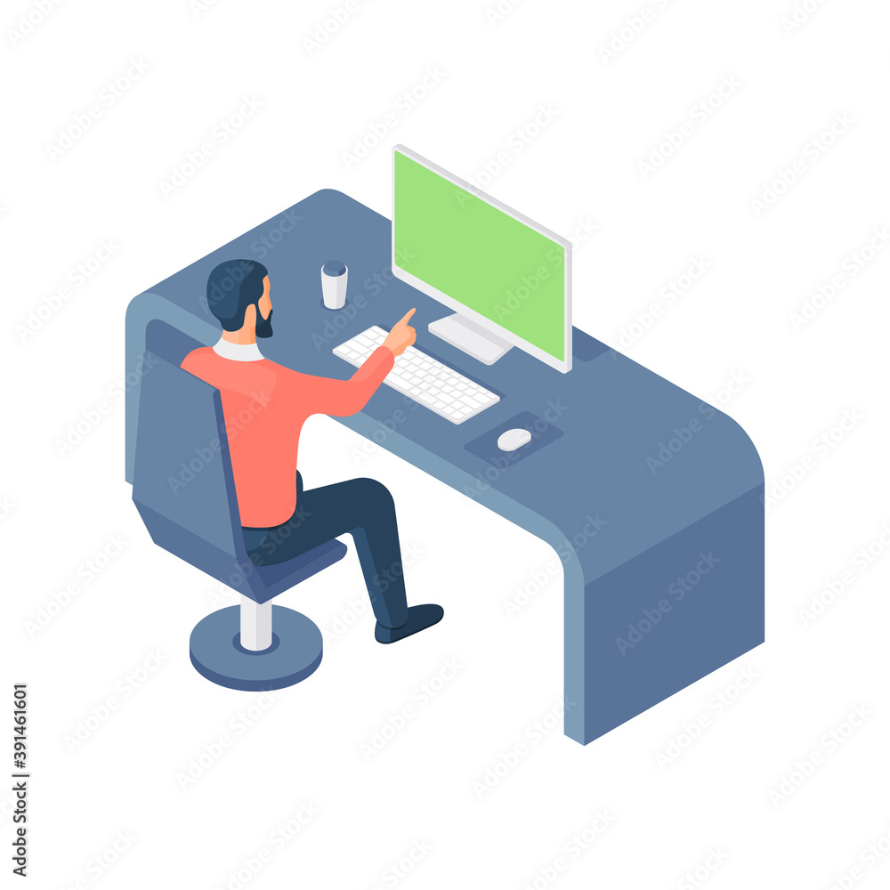 Poster man working at computer isometric vector illustration. male character is sitting table with green mo