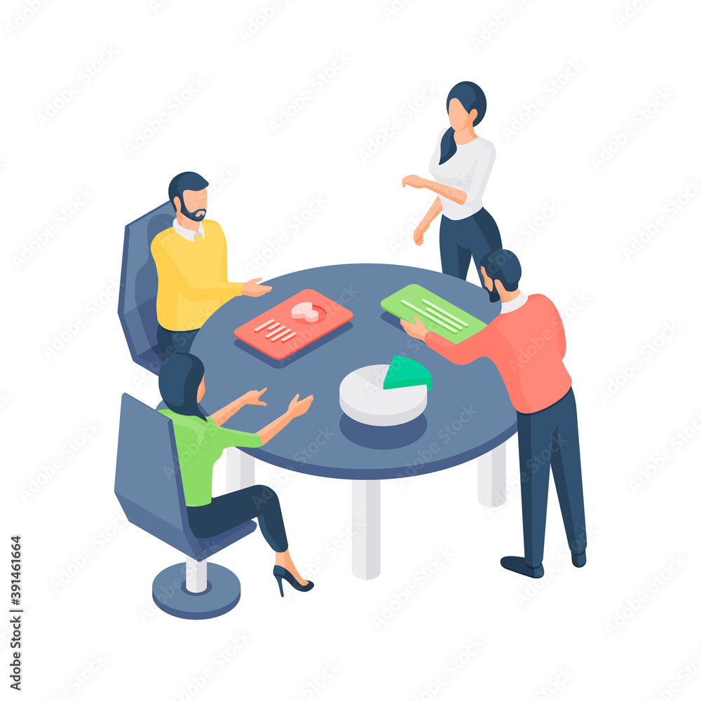 Poster teamwork website building isometric vector illustration. male and female characters at table discuss
