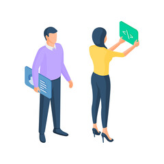 People create website with personal account isometric vector illustration. Female and male characters programming application traffic.