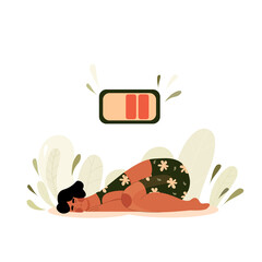 Tired Woman Lies On The Floor. Sleeping person hand drawn. Girl Fell from Lack of Energy with the Battery at the top. Vector stock flat illustration.