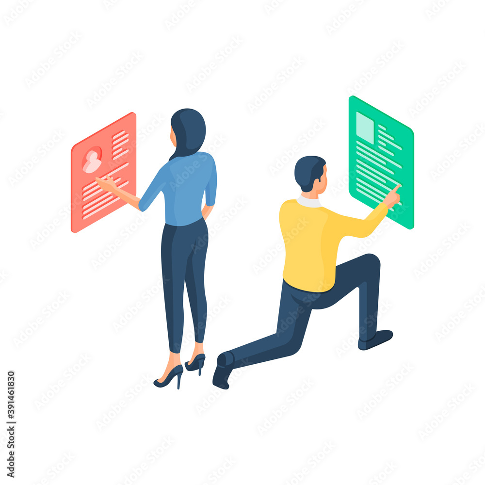 Poster specialists optimize and customize search site isometric vector illustration. male and female charac