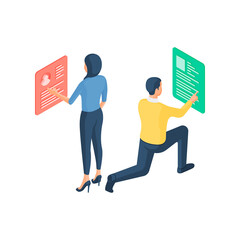 Specialists optimize and customize search site isometric vector illustration. Male and female characters conduct last tests of information.