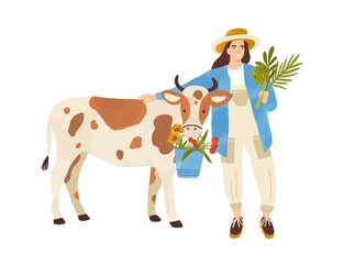 Female farmer character standing near cow. Woman feeding farm animal. Cute rural scene with shepherdess hugging adorable calf isolated on white background. Vector illustration in flat cartoon style