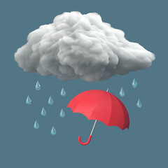 Rainy day. Red umbrella under rain cloud isolated on dark blue background