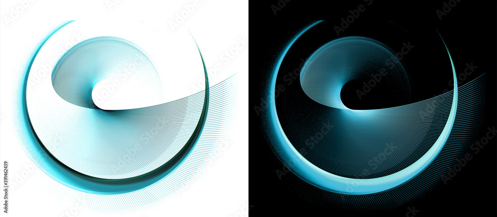 Poster turquoise rotating spiral and open circle on top. set of icons or logos on black and white backgroun