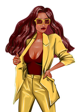 Hand drawn beautiful african american woman in yellow office jacket with sunglasses. Fashion illustration of business woman in yellow suit. Isolated illustration of stylish model posing isolated art