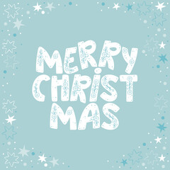 Merry Christmas. Lettering with paisley ornament. Holiday card. Square frame. Stars, snowflakes and dots.