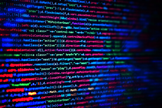 Screen with software developer code. JS
Javascript