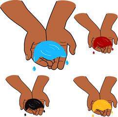 water in hands and set icons of liquid: oil in hands, blood in hands flat vector on a white background
