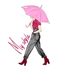 Hand-drawn fashion illustration woman with umbrella. My style art text with woman walk on white background. Trendy sketch of walking woman with pink umbrella, black pants, red blouse art