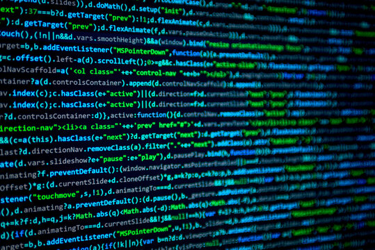 Screen with software developer code. JS
Javascript