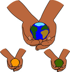 human hands holding the globe in palms, multi-colored spheres in hands vector on a white background isolated