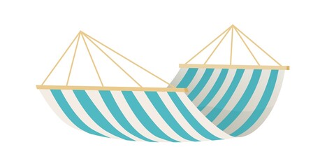 Empty textile striped hammock isolated on white background. Colorful hanging tool for beach or camping recreation. Comfortable decor element. Flat vector cartoon illustration