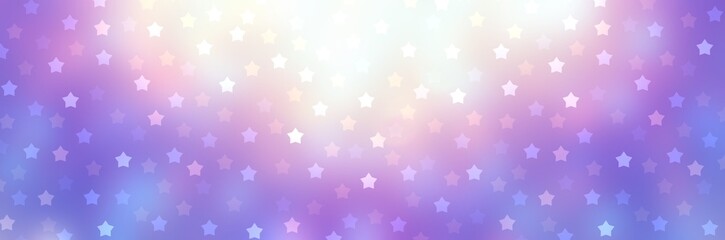 Christmas stars shimmering on blue lilac shiny background. Festive banner. Winter holidays fantasy decor. Bokeh pattern.