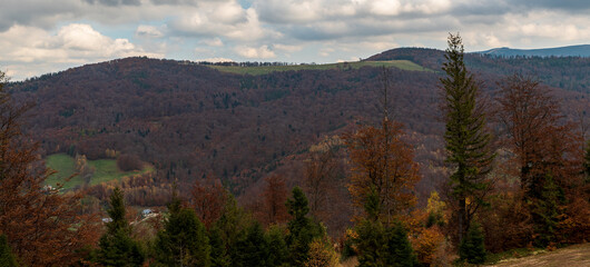 Kotarz hill with Hala Jaworowa meadow from Stary Gron hill in autumn Beskid Slaski mountains in Poland