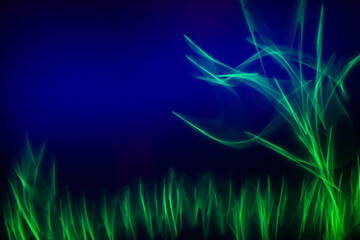 Abstract dark background with blurred motion green glow on a blue background, nature association,...