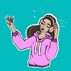 Fashionable girl in headphones listens to music and enjoys, girl in a sweater with a hood and headphones, vector illustration in doodle style hand drawn.
