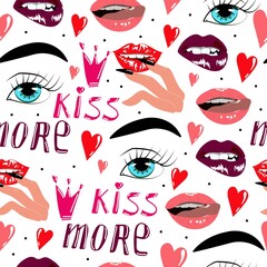 Seamless pattern with beautiful lips, print for beauty sphere and fabric or wrapper, trendy pattern with kisses and pink lips, painted lips and eyes with long eyelashes, vector illustration.