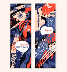 Trendy creative set banner of collage contemporain style with different textures and shapes. Modern graphic design. Unusual artwork. Vector vertical orientation.