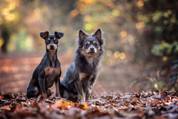 Portrait Hund im Wald auf einer Allee mit viel Laub und Bäumen im Hintergrund