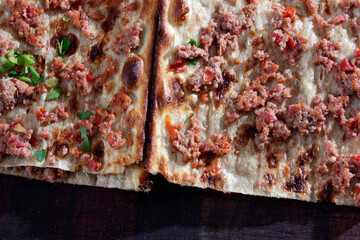  Turkish Pizza. Turkish food minced pide. Konya Etli Ekmek Kebab.