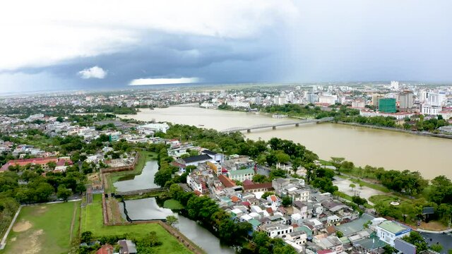 Aerial view of Hue city, Vietnam. Beauty Huong river, Truong Tien bridge in Hue City, Vietnam