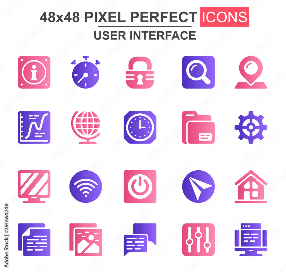 Poster user interface glyph icon set. pinpointer, lock, gear, email, magnifier, clock, wifi, settings, sear