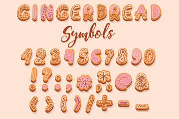 Christmas gingerbread cookies, decorated vector numbers and symbols