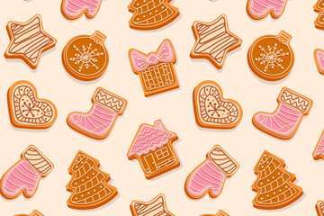 Christmas gingerbread cookies seamless pattern, decorated figures of christmas tree toys