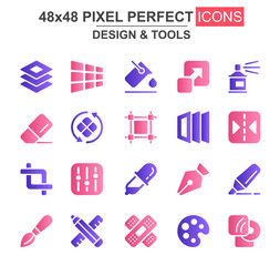 Design and tools glyph icon set. Pen, crop, eraser, color palette, selection, pencil, rotate, eyedropper unique icons. Flat vector bundle for UI UX design. 48x48 pixel perfect GUI pictograms pack.