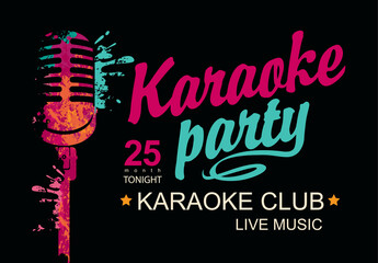 Music poster for karaoke club with a calligraphic inscription Karaoke party and abstract bright microphone on the black background. Vector banner, flyer, invitation or ticket