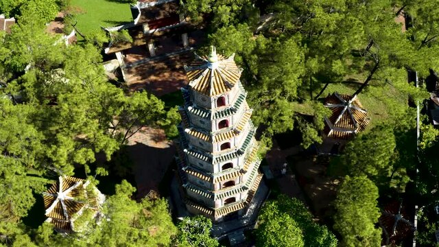 Aerial view of The Thien Mu Pagoda. It is one of the ancient pagoda in Hue city. It is located on the banks of the Perfume River in Vietnam's historic city of Hue. Travel and landscape concept