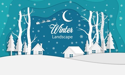 Paper art style of home in the forest with Santa and snowflake. Winter lanscape concept background. Christmas and Happy New Year. Copy spae for text. EPS10