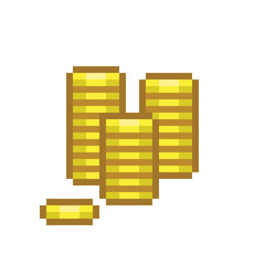 Many gold coins pixel art. Vector picture.	