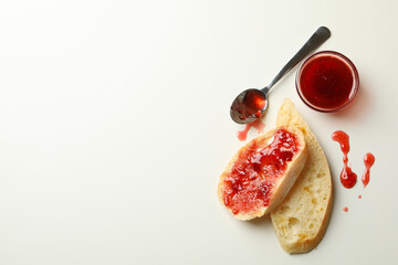 Concept of breakfast with toasts with jam on white background