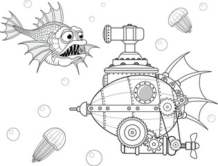 Retro submarine in the style of steampunk coloring book