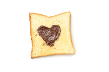 Toast with chocolate in heart shape isolated on white background
