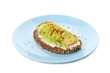 Plate with toast with avocado isolated on white background