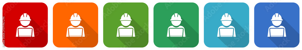 Poster engineer with laptop, worker, manager icon set, flat design vector illustration in 6 colors options 