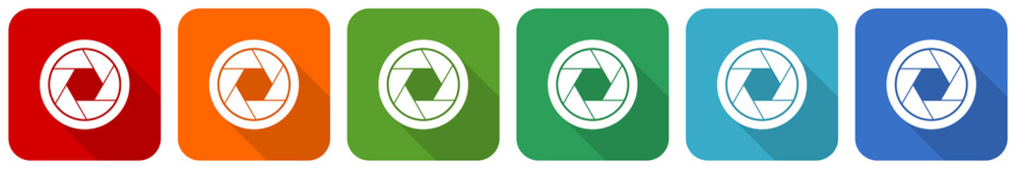 Obraz premium Photo shutter, camera, photography icon set, flat design vector illustration in 6 colors options for webdesign and mobile applications