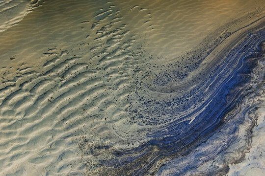 Ocean water and ripple patterns in the sand at low tide.