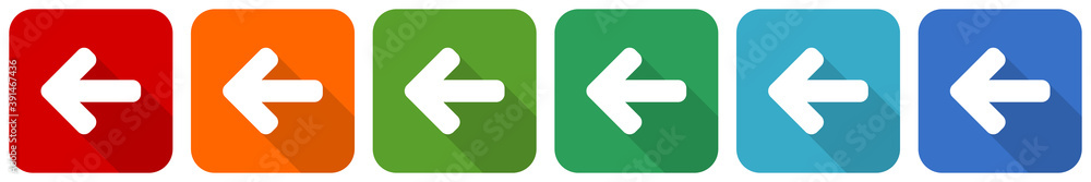 Poster left arrow, back icon set, flat design vector illustration in 6 colors options for webdesign and mob