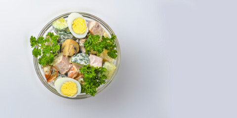 Healthy food - mix vegetable salad served in a bowl over white background. Healthy eating, delicious snack or dinner.