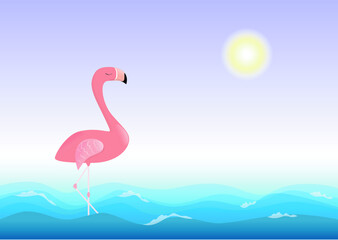 Naklejka premium Pink Flamingo in the sea at dawn. Vector illustration