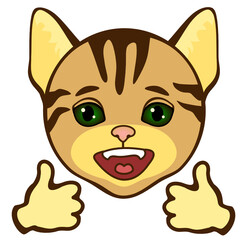 emoticon with a happy cool cat, you're awesome facial expression and thumbs up gesture, color vector emoji clip art on white isolated background