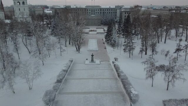 Irkutsk city embankment scenery in winter snow, aerial view