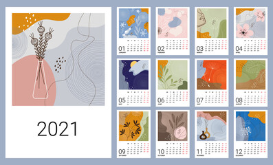 Calendar template for 2021. Vertical design with abstract natural patterns. Editable vector illustration, set of 12 months with cover. Week starts on Monday.